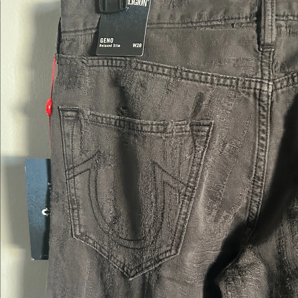 New True Religion Geno Relaxed Slim Fit All Over Faded Black Distressed Jeans